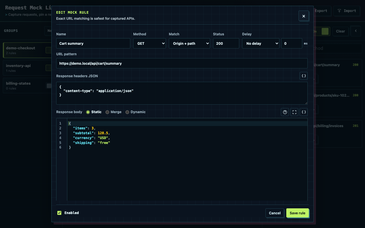 Request Mock Lite rule editor with JSON response body and matching options